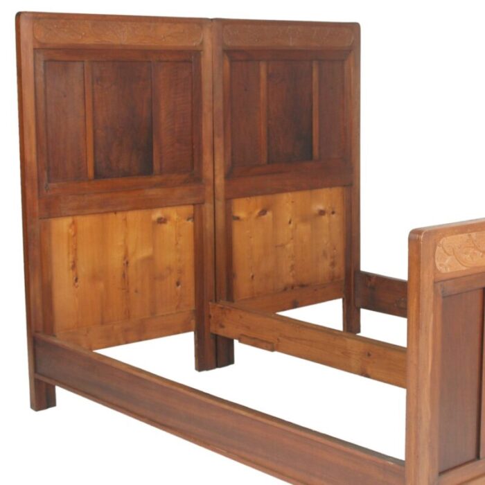 antique art nouveau hand carved cherrywood and walnut double twin bed 1920s set of 2 13