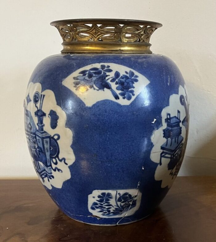 antique chinese kangxi period 1662 1722 ormolu mounted blue and white porcelain ginger jar vase decorated with precious objects 2192