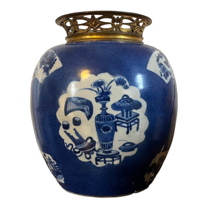 antique chinese kangxi period 1662 1722 ormolu mounted blue and white porcelain ginger jar vase decorated with precious objects 2506