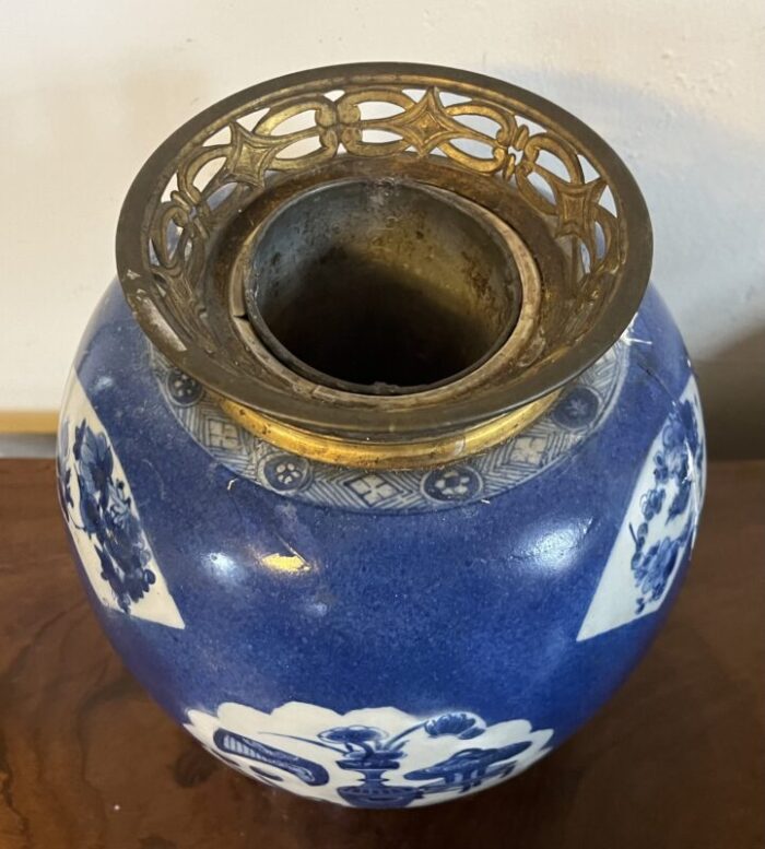 antique chinese kangxi period 1662 1722 ormolu mounted blue and white porcelain ginger jar vase decorated with precious objects 7111