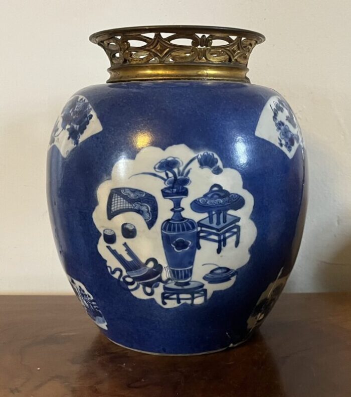 antique chinese kangxi period 1662 1722 ormolu mounted blue and white porcelain ginger jar vase decorated with precious objects 9073