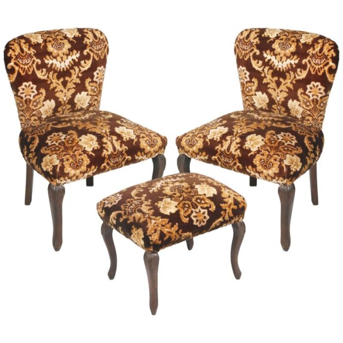 antique damask velvet armchairs and ottoman set 1