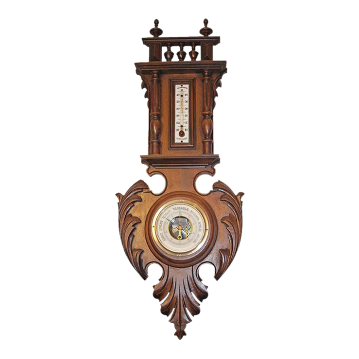 antique french working weather station barometer thermometer with beveled edges carved wooden details 7415