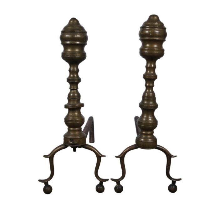 antique georgian colonial revival brass beehive fireplace andirons firedogs a pair 6432