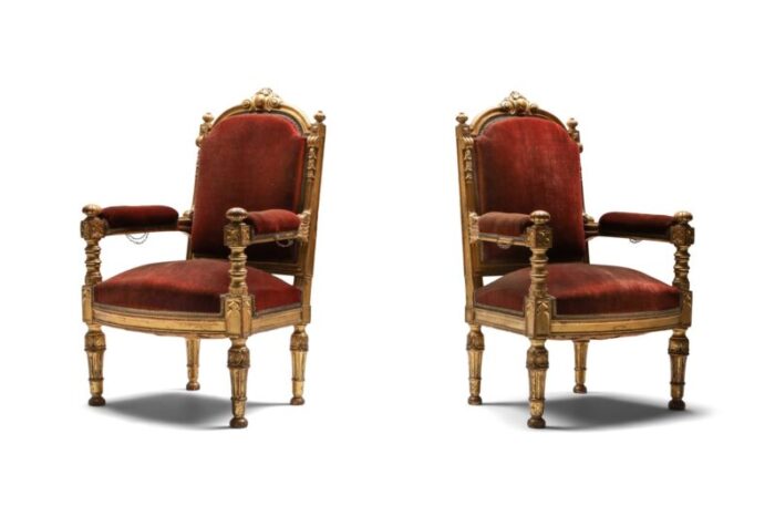 antique gilt wood and velvet armchairs 1880s set of 2 1