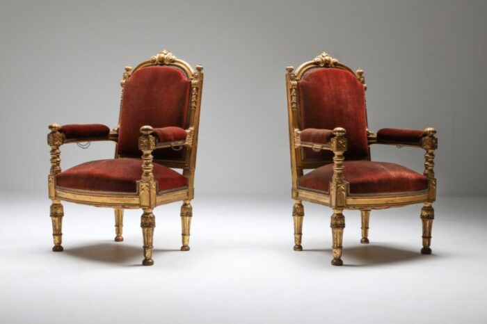 antique gilt wood and velvet armchairs 1880s set of 2 13