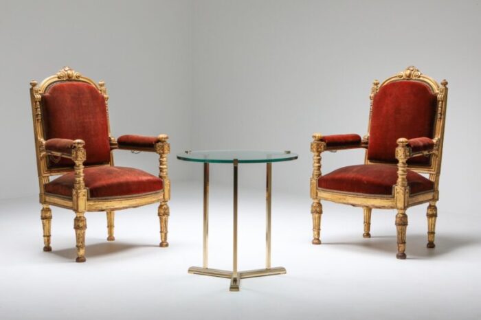 antique gilt wood and velvet armchairs 1880s set of 2 2