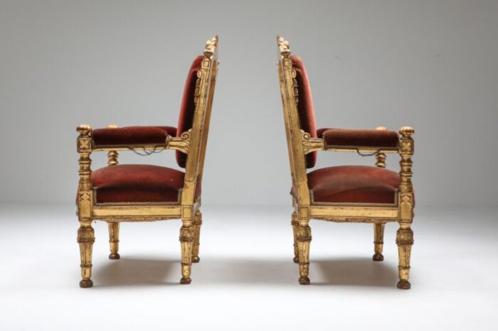 antique gilt wood and velvet armchairs 1880s set of 2 3