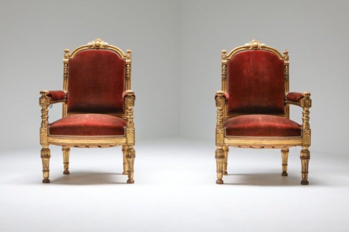 antique gilt wood and velvet armchairs 1880s set of 2 4