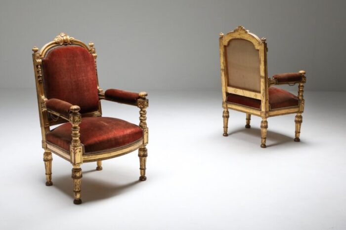 antique gilt wood and velvet armchairs 1880s set of 2 5