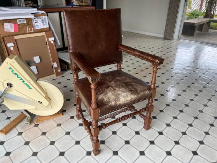 antique high back carved wood leather chair 0005