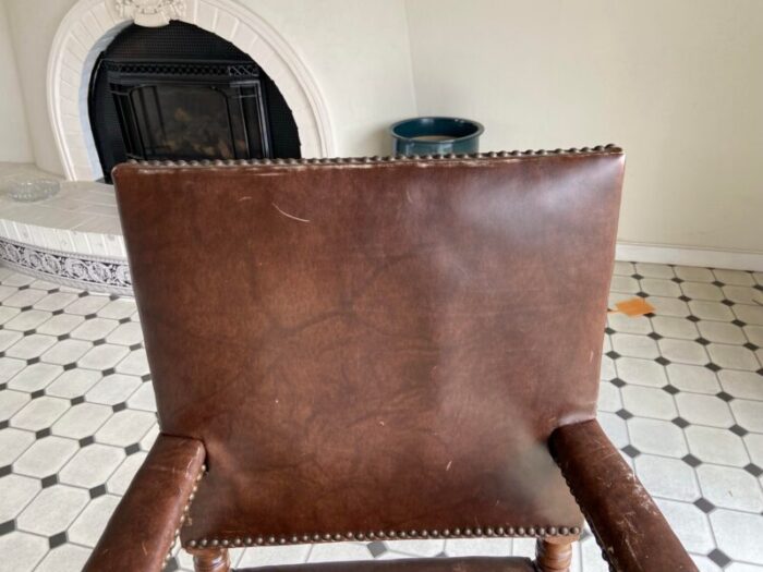 antique high back carved wood leather chair 2880