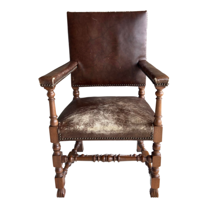 antique high back carved wood leather chair 6484