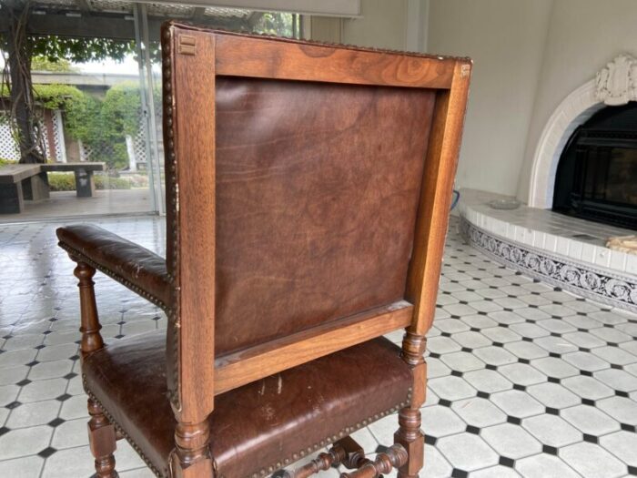 antique high back carved wood leather chair 6630