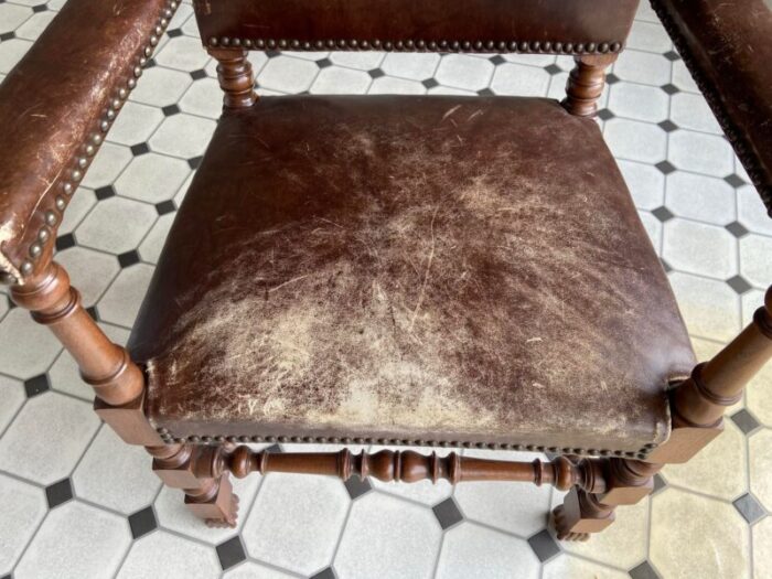 antique high back carved wood leather chair 8978