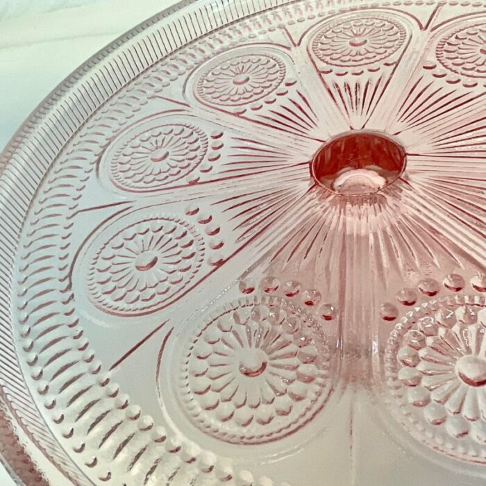 antique hollywood regency indiana glass co pressed pink glass pedestal cake stand 8604