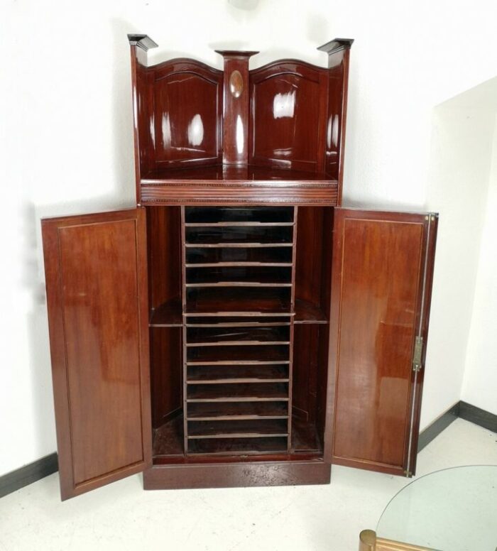 antique mahogany corner cabinet with inlaid intarsia 2