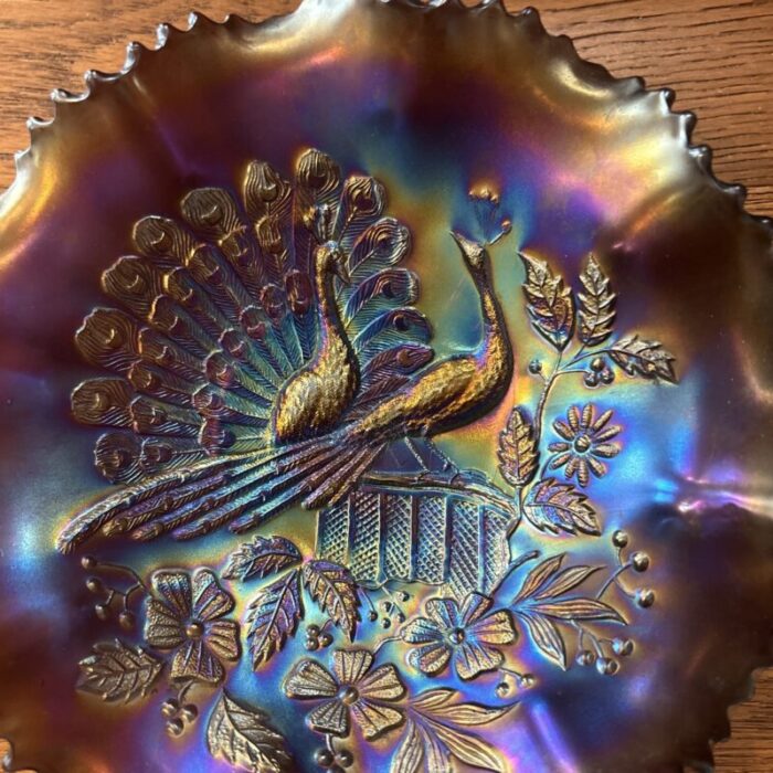 antique northwood peacocks on a fence carnival glass bowl 3889