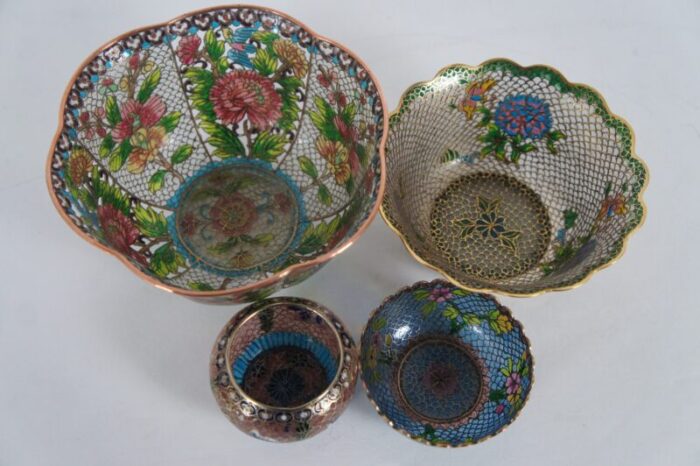 antique plique a jour enamel floral cloisonne trinket boxes dishes bowls set of 8 6813