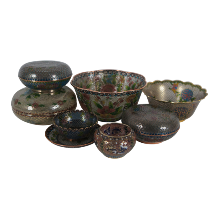 antique plique a jour enamel floral cloisonne trinket boxes dishes bowls set of 8 7512