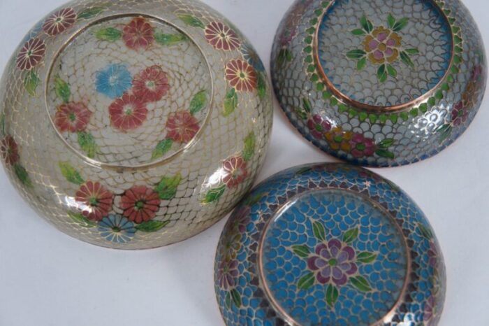 antique plique a jour enamel floral cloisonne trinket boxes dishes bowls set of 8 7799