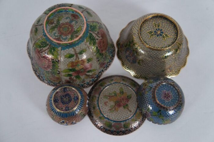 antique plique a jour enamel floral cloisonne trinket boxes dishes bowls set of 8 8672