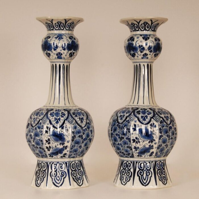 antique royal delft vases chinoiserie blue white knobble vases earthenware floral baroque a pair 1101