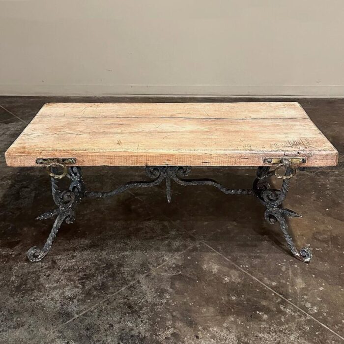 antique rustic butcher block wrought iron coffee table 1257