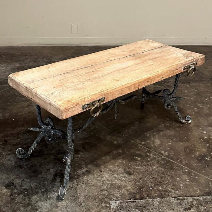 antique rustic butcher block wrought iron coffee table 8166