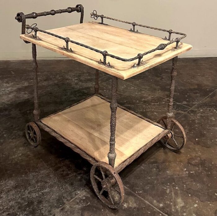 antique rustic wrought iron and butcher block bar cart 1130