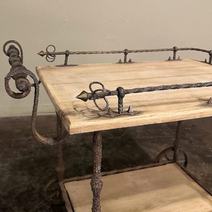 antique rustic wrought iron and butcher block bar cart 1806