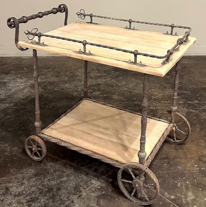 antique rustic wrought iron and butcher block bar cart 2408