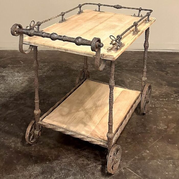 antique rustic wrought iron and butcher block bar cart 2529