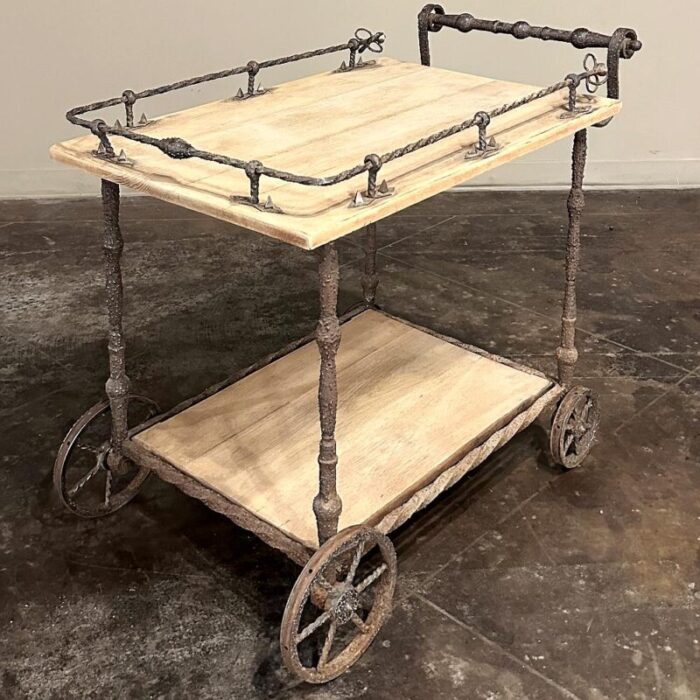 antique rustic wrought iron and butcher block bar cart 3294