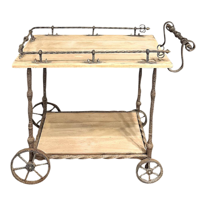 antique rustic wrought iron and butcher block bar cart 5955