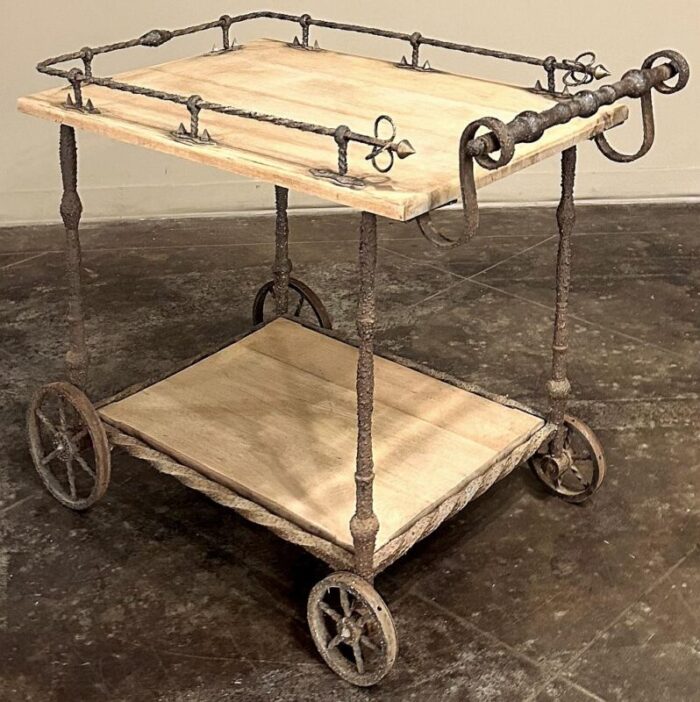 antique rustic wrought iron and butcher block bar cart 6744