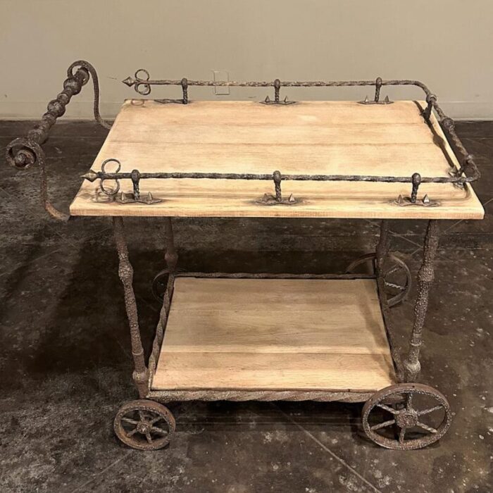 antique rustic wrought iron and butcher block bar cart 8329