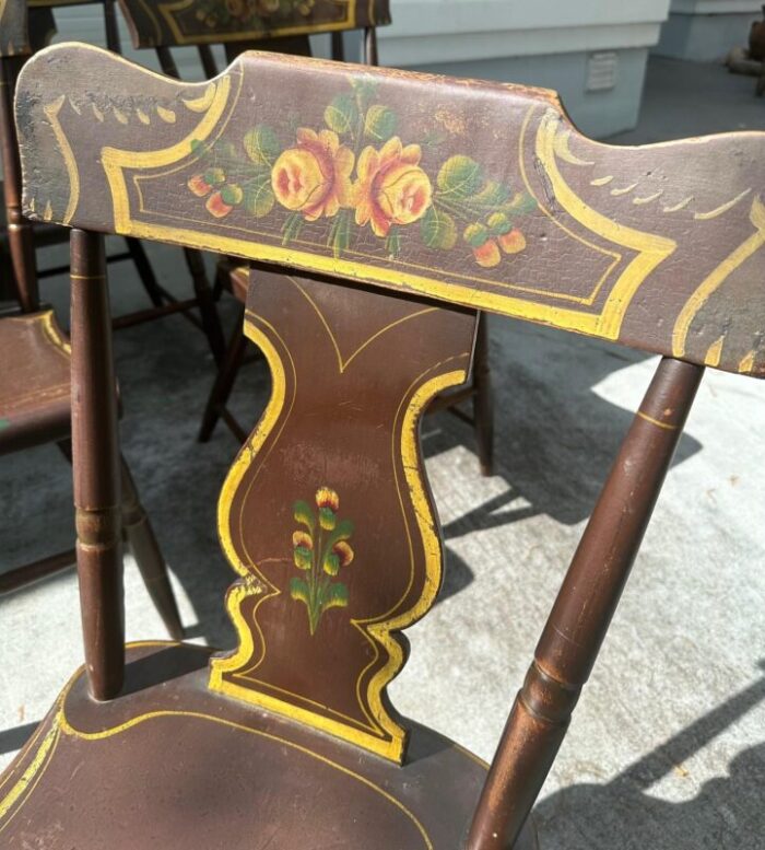 antique set of 6 original painted pennsylvania plank bottom chairs 0346