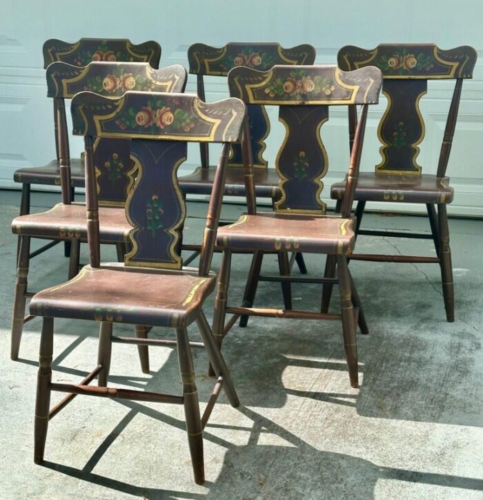 antique set of 6 original painted pennsylvania plank bottom chairs 4213