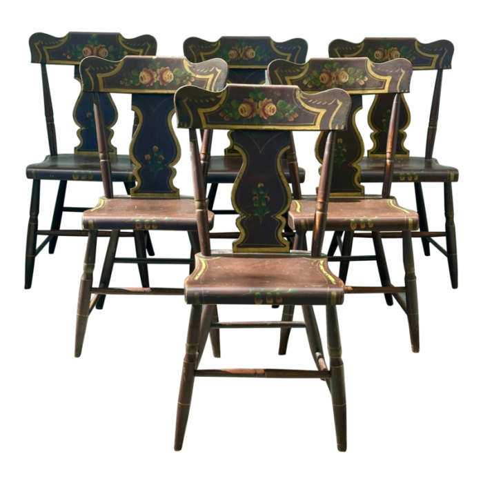 antique set of 6 original painted pennsylvania plank bottom chairs 7346