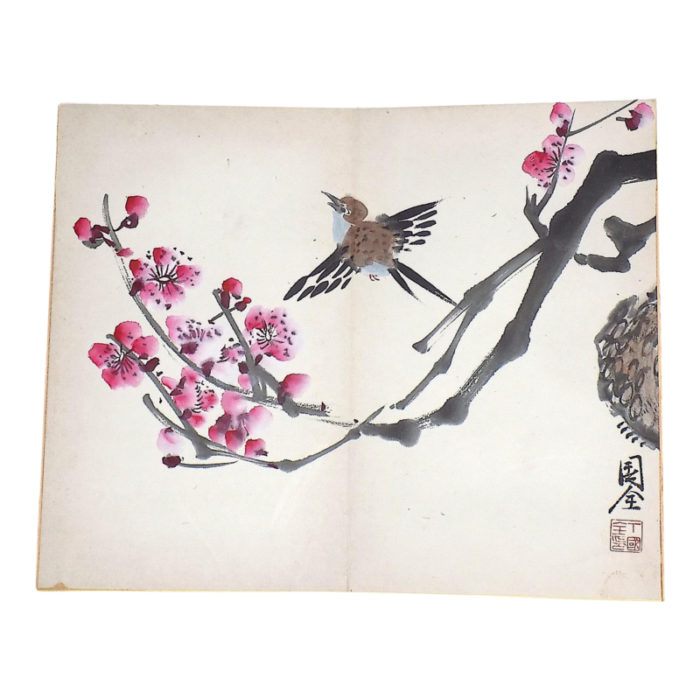 antique signed early 20th century chinese watercolor bird painting on board 3053