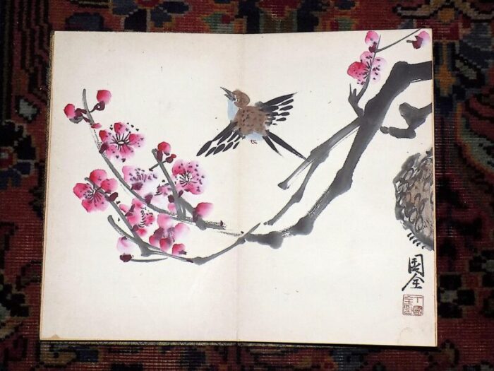 antique signed early 20th century chinese watercolor bird painting on board 5885