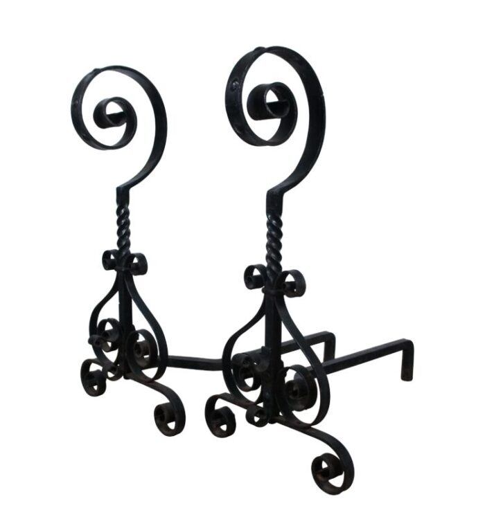 antique spanish wrought iron scrolled spiral fireplace andirons firedogs set of 2 4213