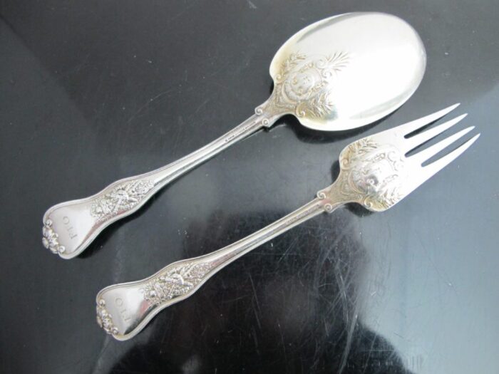 antique tiffany sterling silver ornate olympian salad fork and spoon serving pair 2239