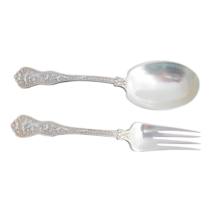 antique tiffany sterling silver ornate olympian salad fork and spoon serving pair 5047