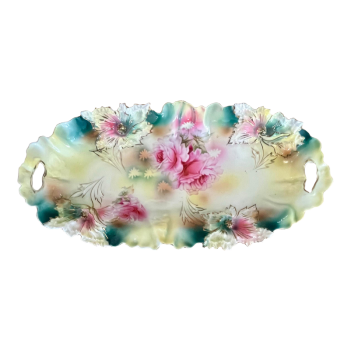 antique turn of the century rs prussia floral scalloped edged gilt celery dish or relish tray 3390