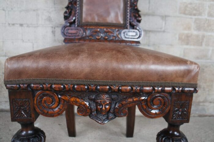 antique victorian carved mahogany leather high relief dining chairs set of 18 3039