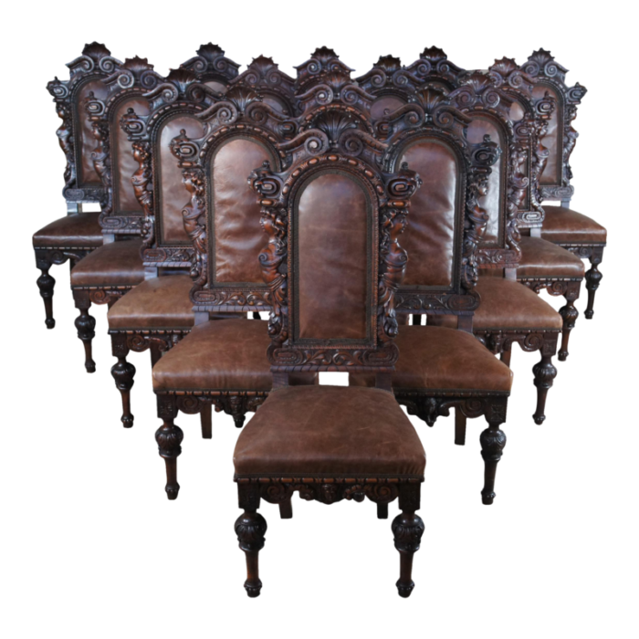 antique victorian carved mahogany leather high relief dining chairs set of 18 3429