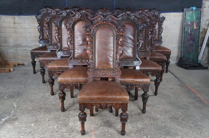 antique victorian carved mahogany leather high relief dining chairs set of 18 3728