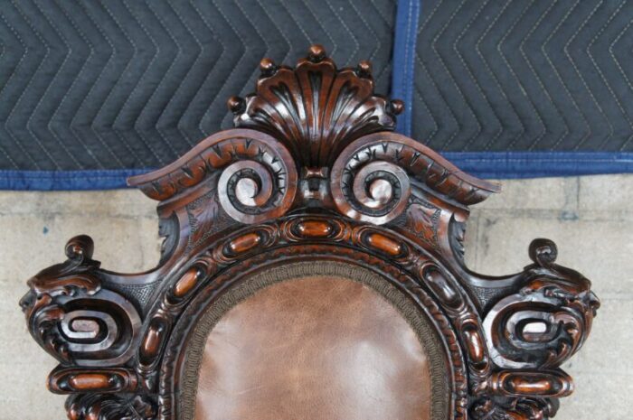 antique victorian carved mahogany leather high relief dining chairs set of 18 4544